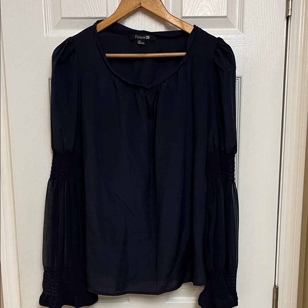 Forever 21 Navy Blouse with Smocked Sleeves